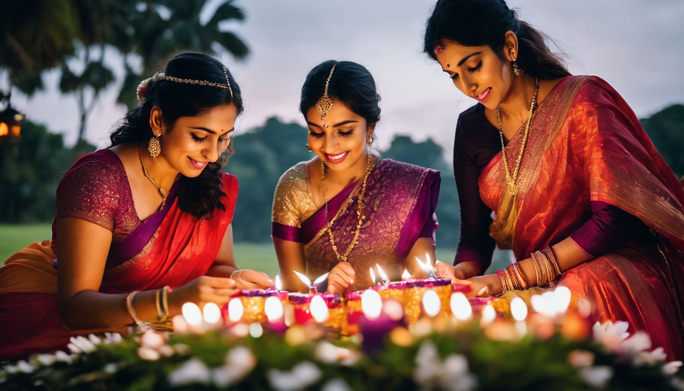 A diverse group of friends come together to celebrate Diwali in a serene outdoor setting.