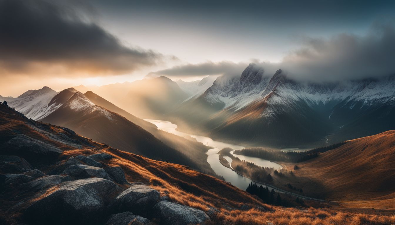 A stunning landscape photograph featuring a misty mountain peak and a winding river in a bustling valley.