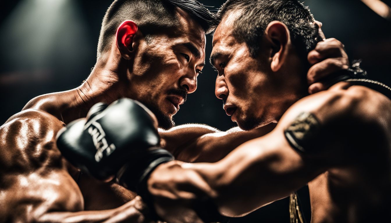 A Muay Thai fighter receives the Mongkhon from their trainer in a detailed, photorealistic image.