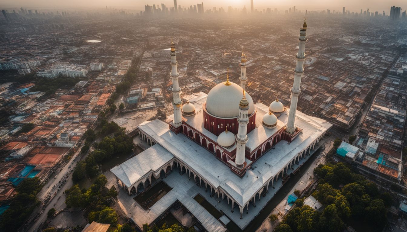 An aerial photo of Baitul Mukarram Mosque surrounded by a busy cityscape with diverse individuals and striking architecture.