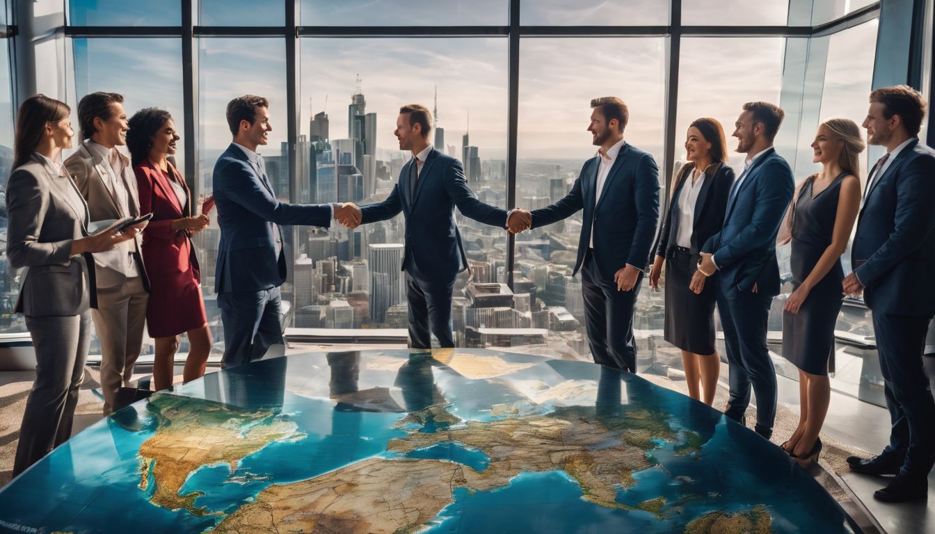A diverse group of businesspeople shaking hands in front of a global map.