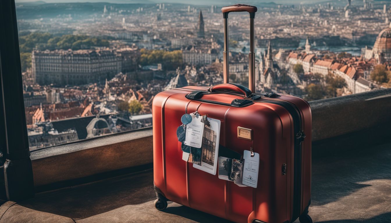 A vibrant travel photograph of a suitcase with a luggage tag against a cityscape backdrop.