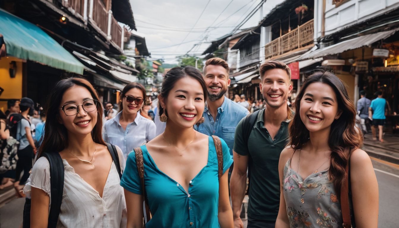 A diverse group of travelers exploring the bustling streets of Chiang Mai.