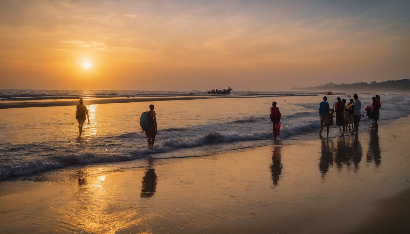 A diverse group of tourists enjoy a beautiful sunset on Cox's Bazar beach.