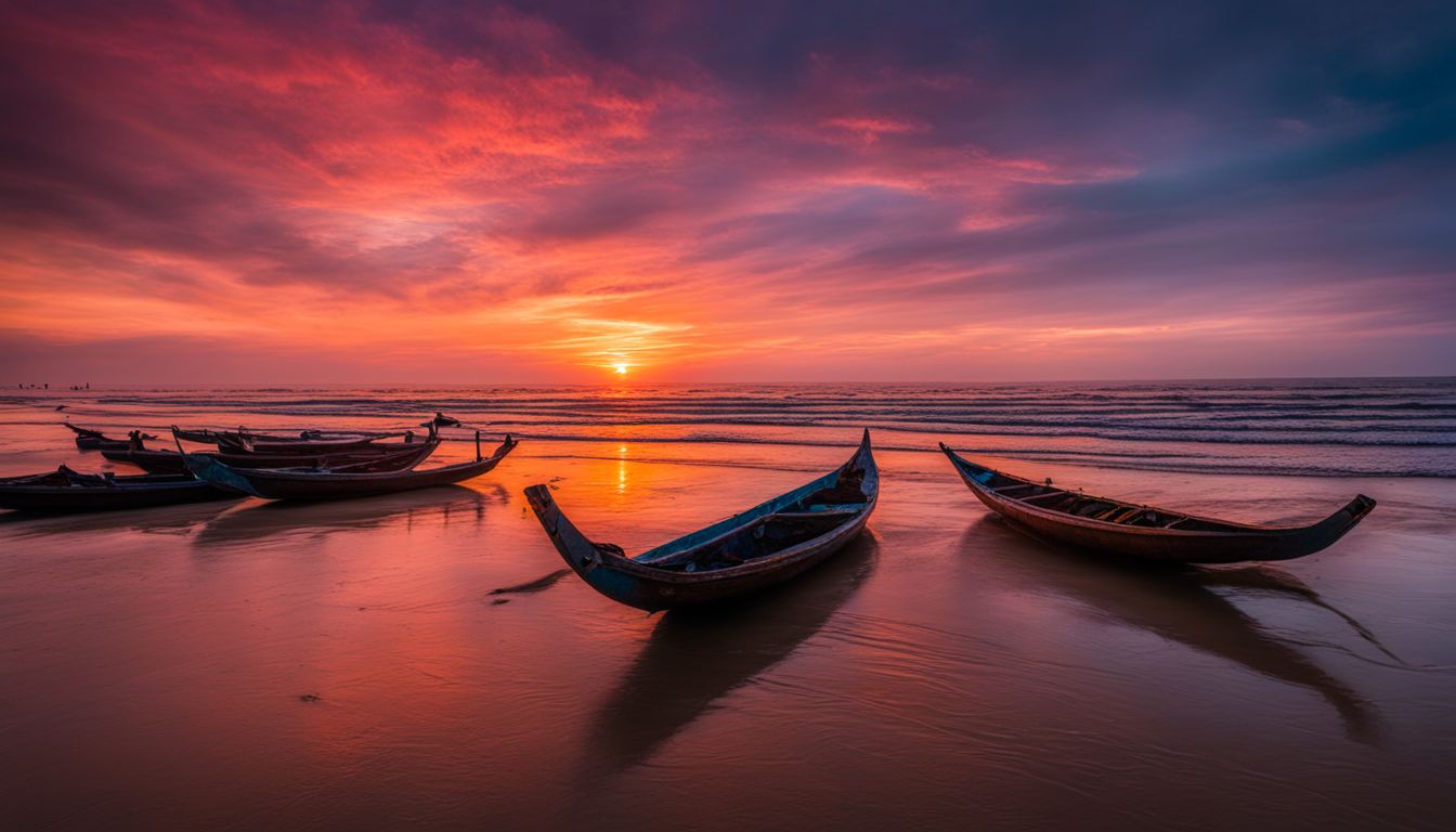 A photo of a vibrant sunset over Cox's Bazar Beach with diverse people and a bustling atmosphere.