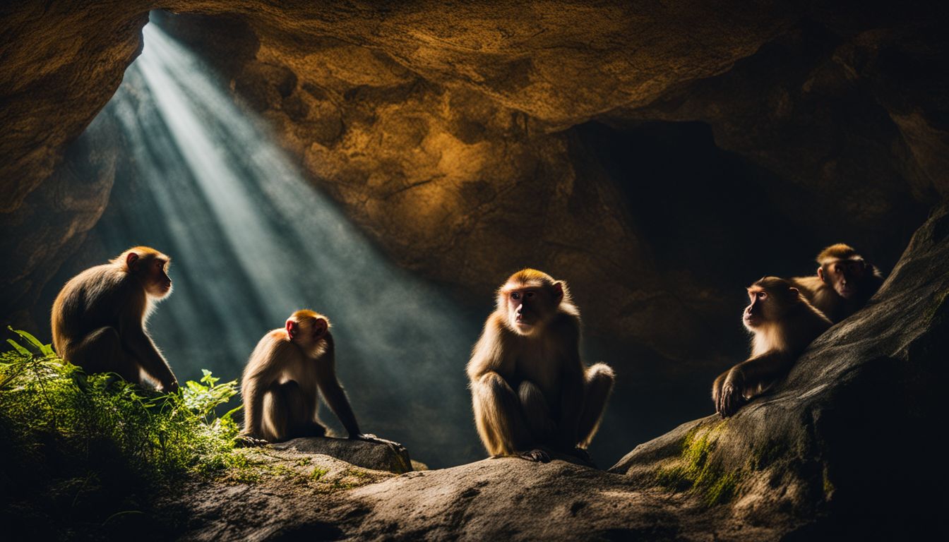The photo showcases eerie paintings of macaque monkeys in a dimly lit cave.