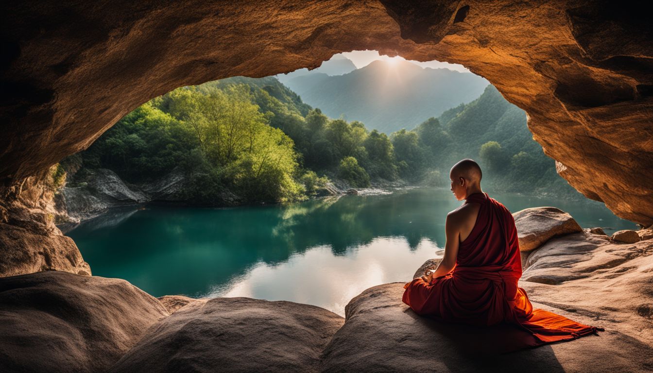 An ancient Buddhist monk meditates inside a dimly lit cave, surrounded by diverse individuals in varied attire.