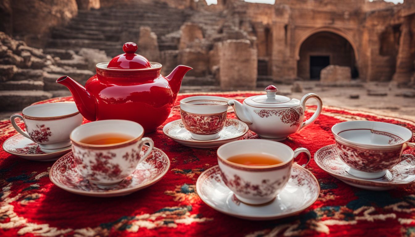 A photo of a traditional teapot and teacups on a colorful rug surrounded by ancient ruins.