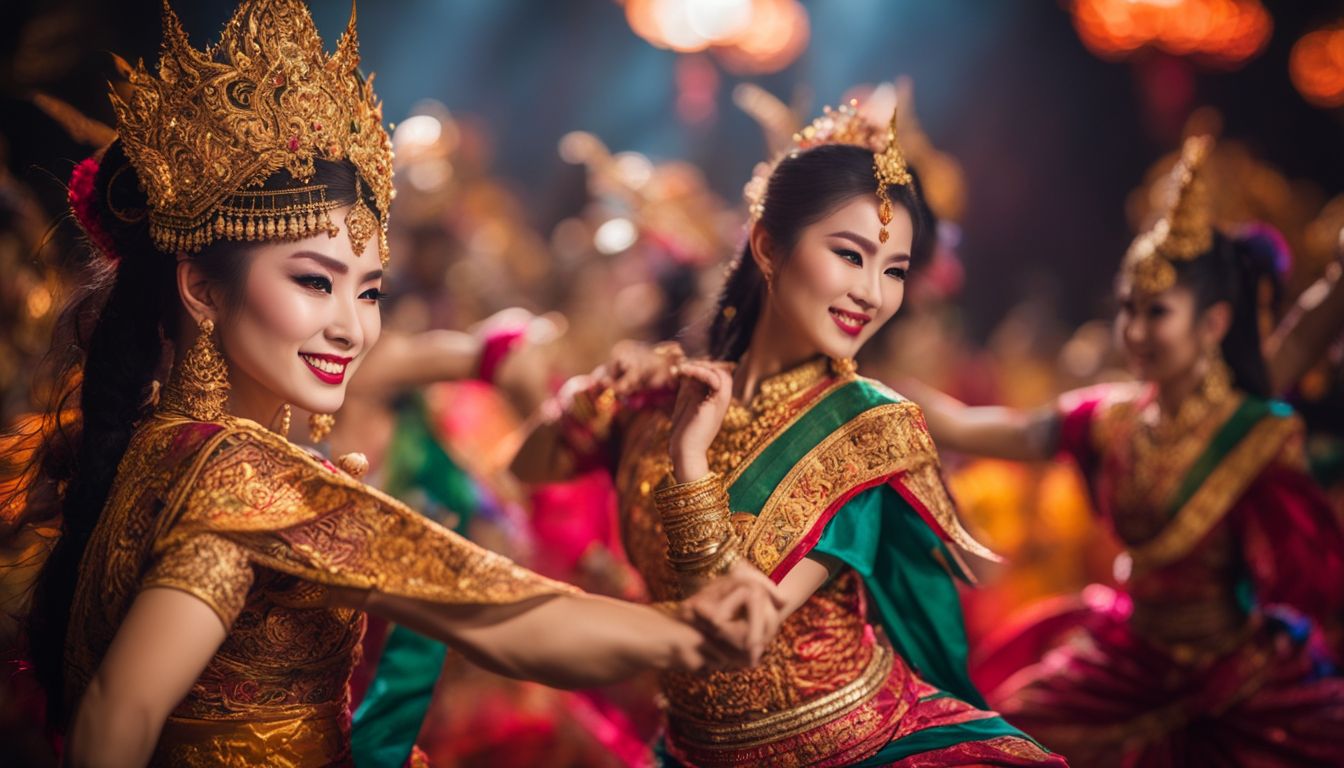 A vibrant and detailed photograph capturing a traditional Thai dance performance with colorful costumes and intricate movements.