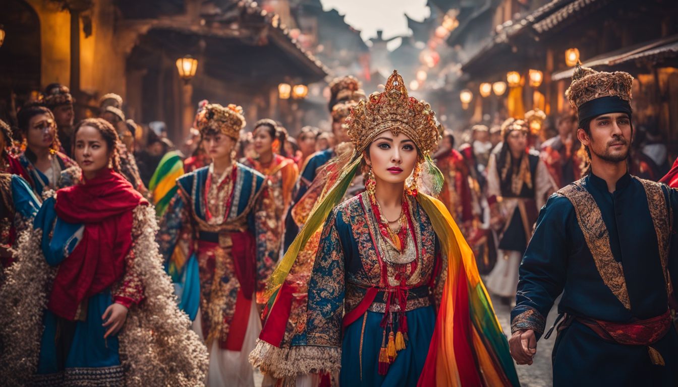 A vibrant and diverse cultural procession with individuals wearing traditional costumes and representing different backgrounds.