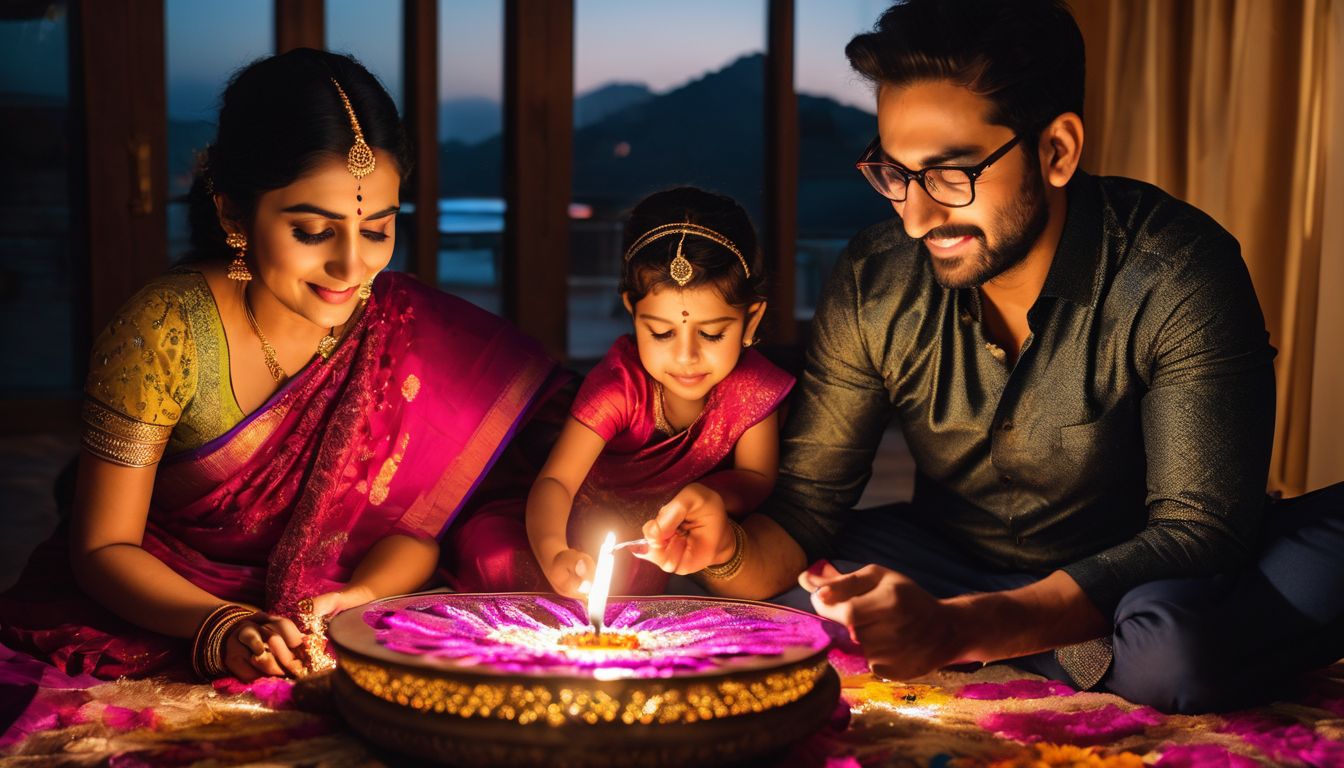 A family celebrating Diwali by lighting lamps in their beautifully decorated home.