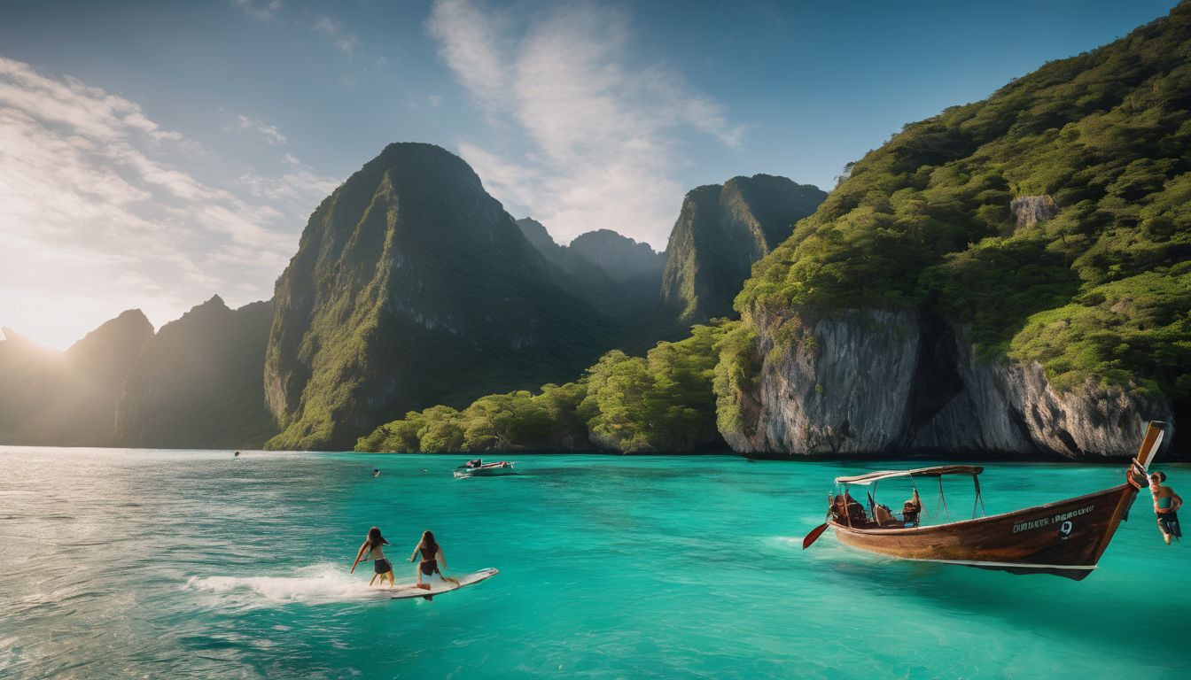 A diverse group of friends joyfully jumping into turquoise waters from a longtail boat.