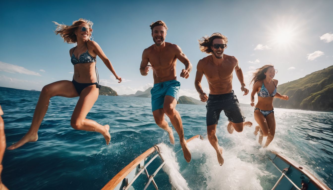 A diverse group of friends joyfully leaping off a boat into the stunningly clear blue waters.