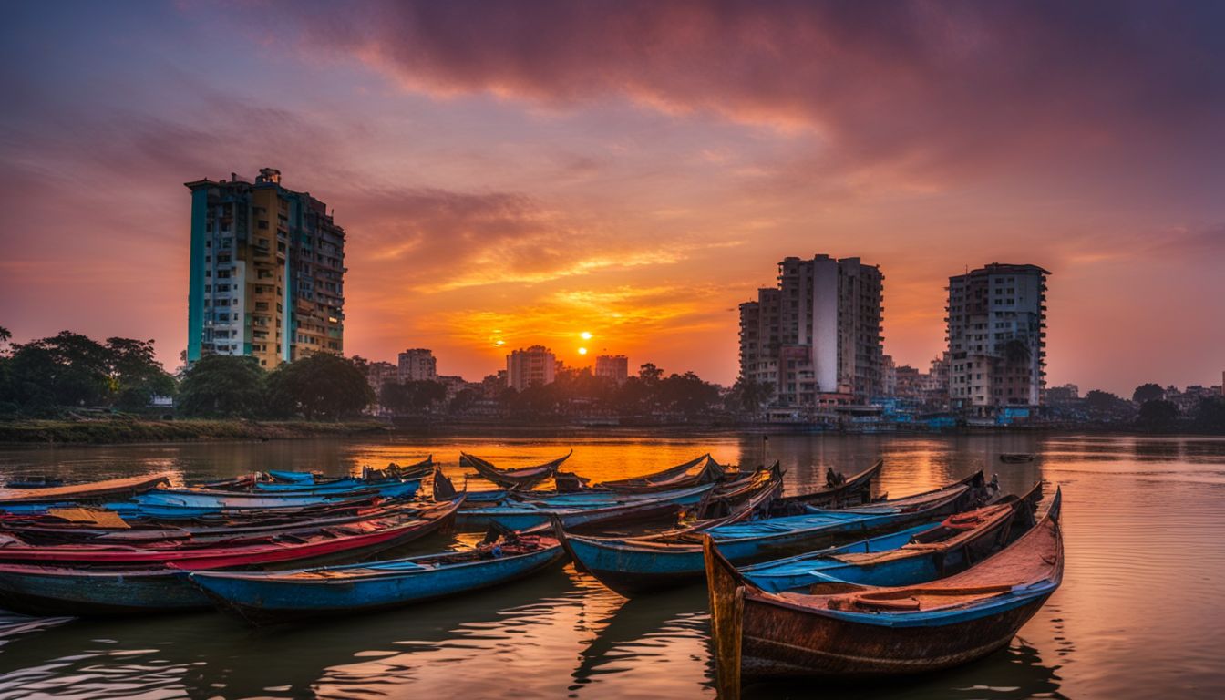 The photo captures a vibrant cityscape at sunset, with colorful buildings reflecting in the river.