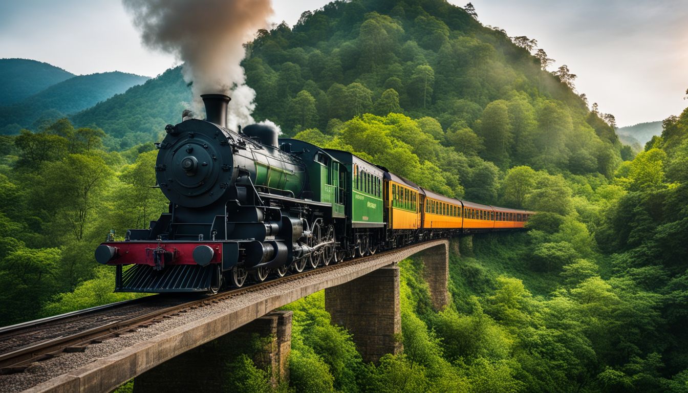 A train passes over a cast-iron bridge amidst lush greenery in a bustling atmosphere.