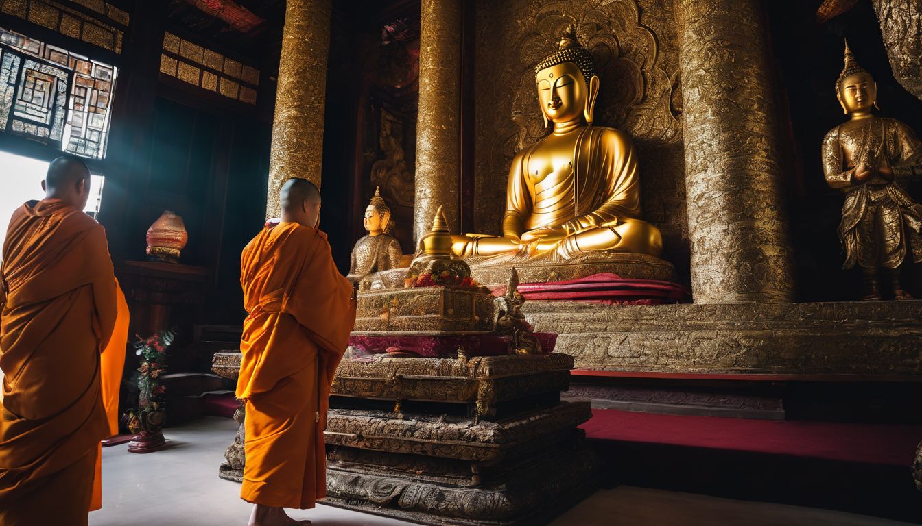 A group of monks bow in reverence in front of a massive carved statue of Buddha at a decorative Buddhist complex.