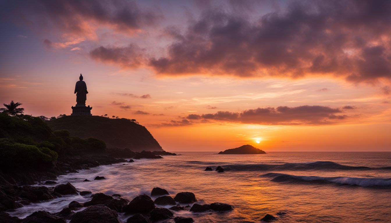 A captivating photo of a sunset over the ocean with Mazu's statue silhouetted on a hilltop.