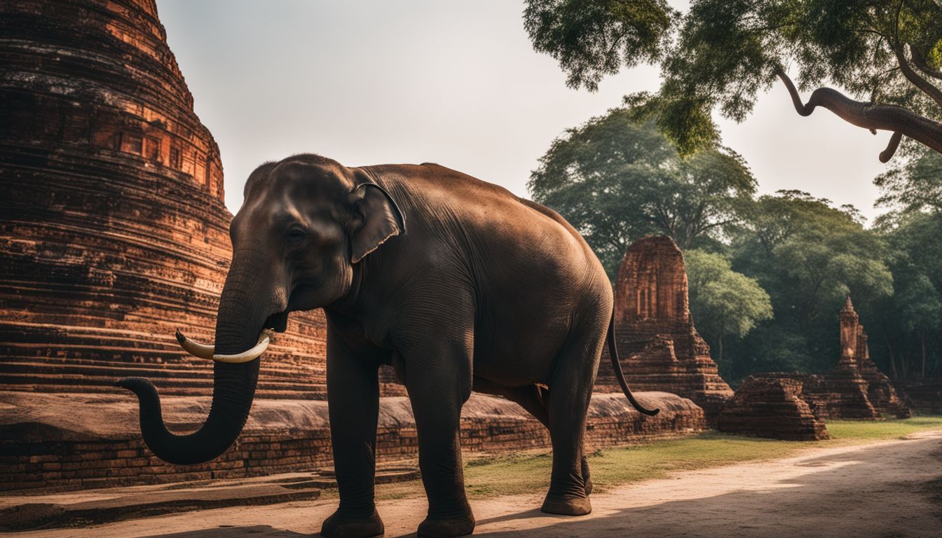 A majestic elephant stands in front of the historic walls of Ayutthaya in a bustling atmosphere.