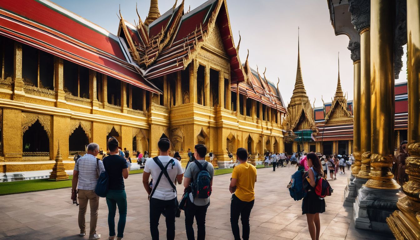 A group of tourists posing in front of the defensive walls of the Grand Palace in Bangkok.