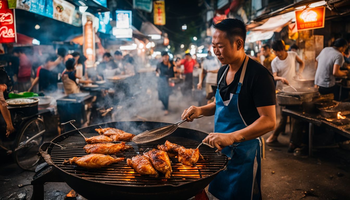 A street food vendor grilling Gai Yang chicken on a busy Bangkok street.