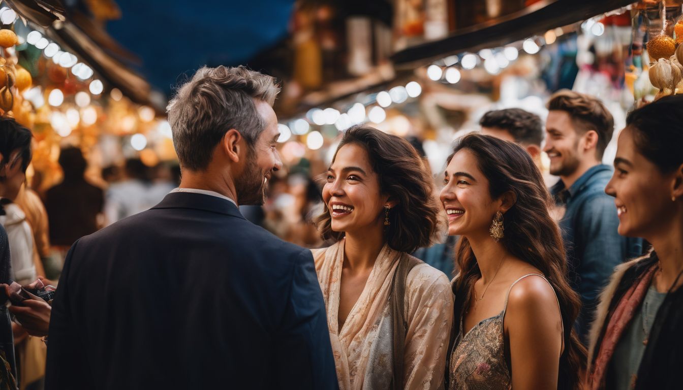 A diverse group of people interacting and smiling in a vibrant marketplace.