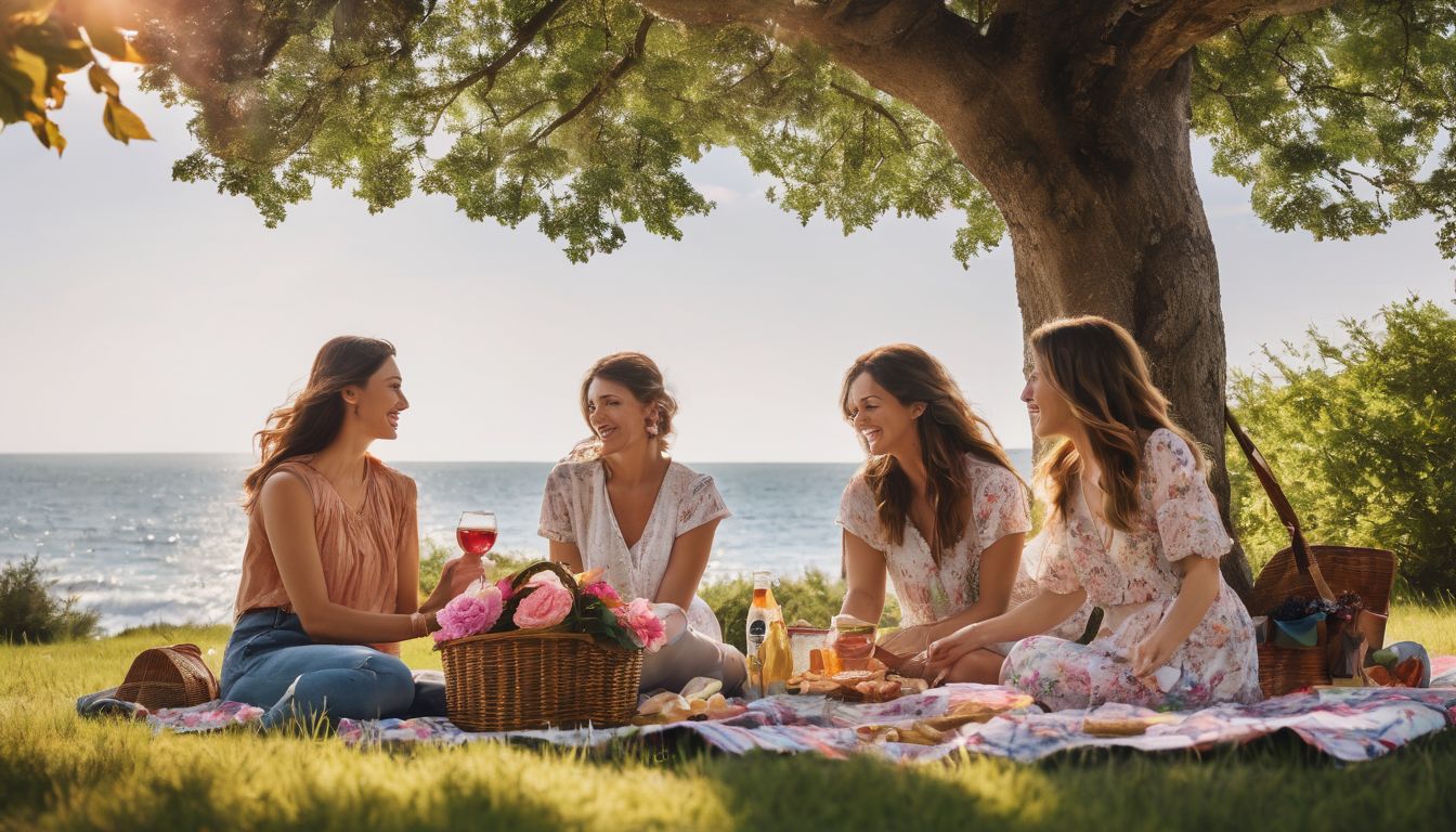 A diverse family enjoys a picnic surrounded by colorful flowers in a beautiful outdoor setting.