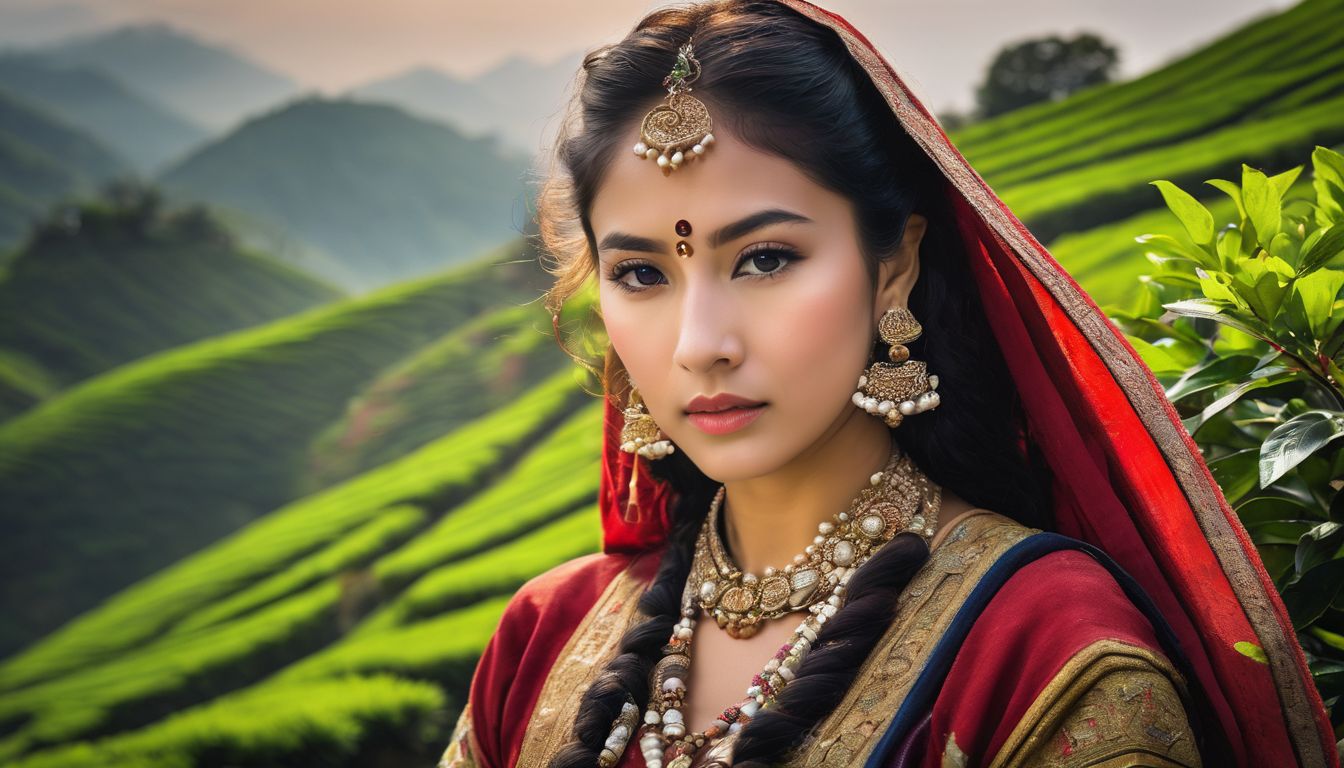 A photo of a Khasia woman in traditional attire surrounded by lush tea gardens.