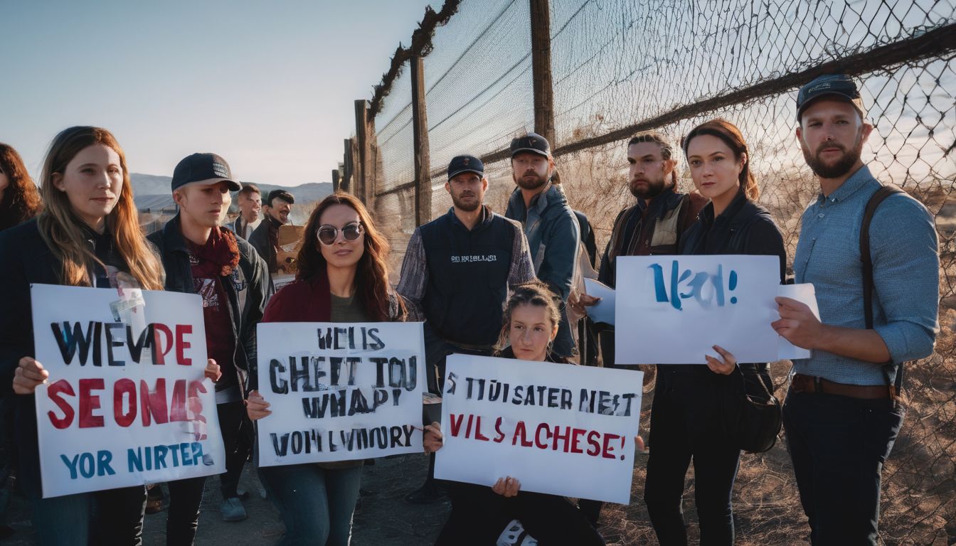 A diverse group of activists protest in front of a barbed wire fence.