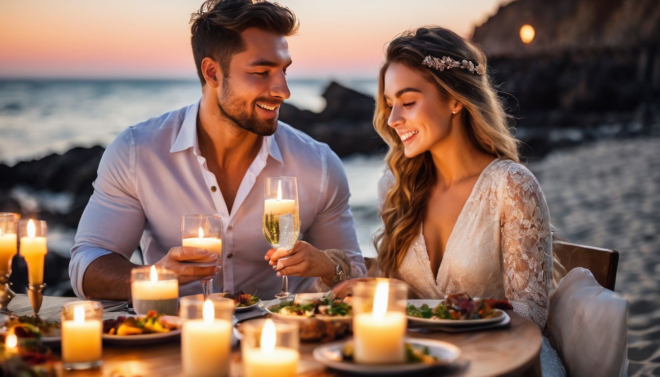 A photo of couples enjoying a romantic candlelit dinner on the beach, capturing a bustling and vibrant atmosphere.