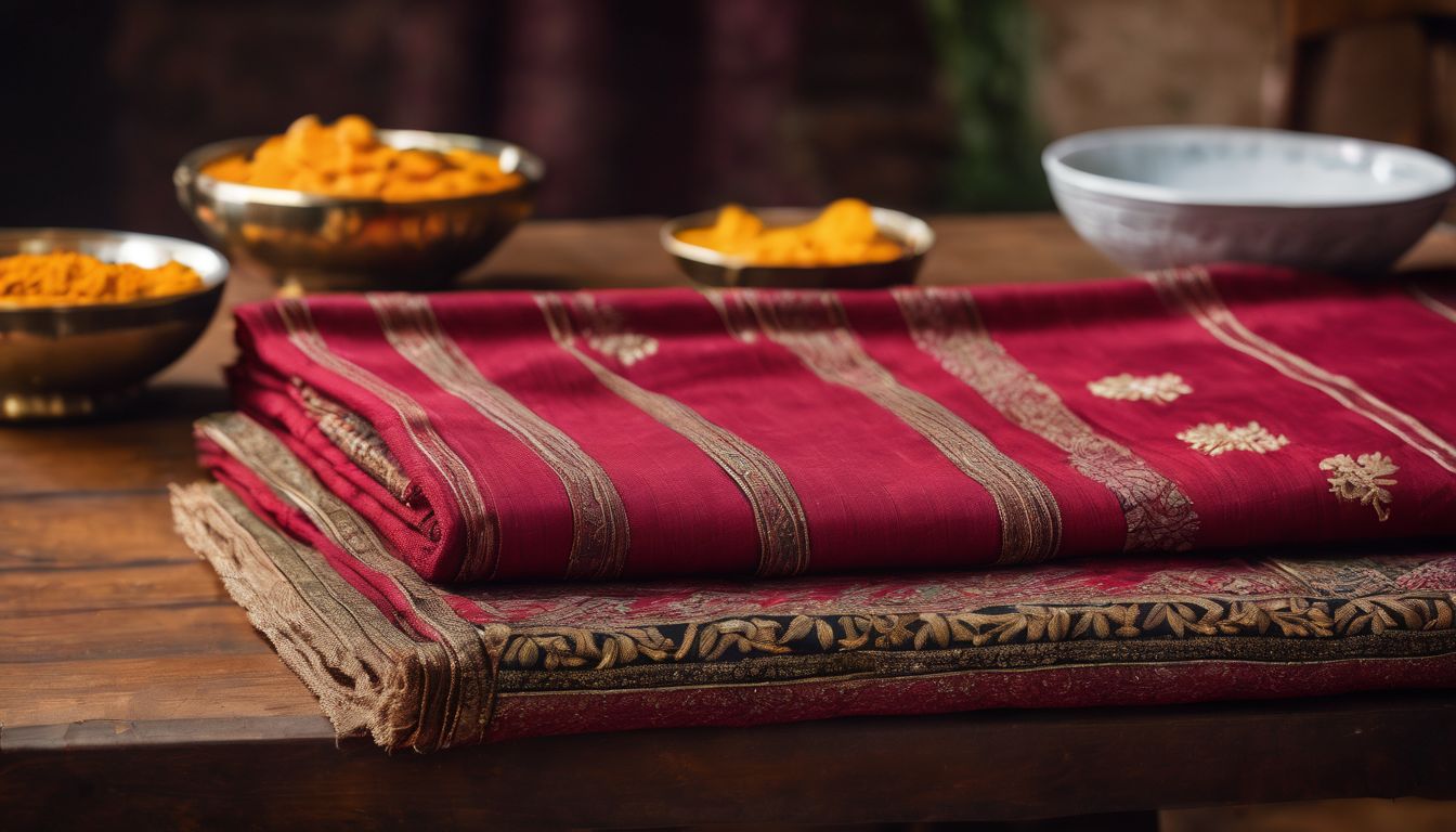 A photo of a beautifully crafted traditional Bangladeshi textile showcased on a rustic wooden table.