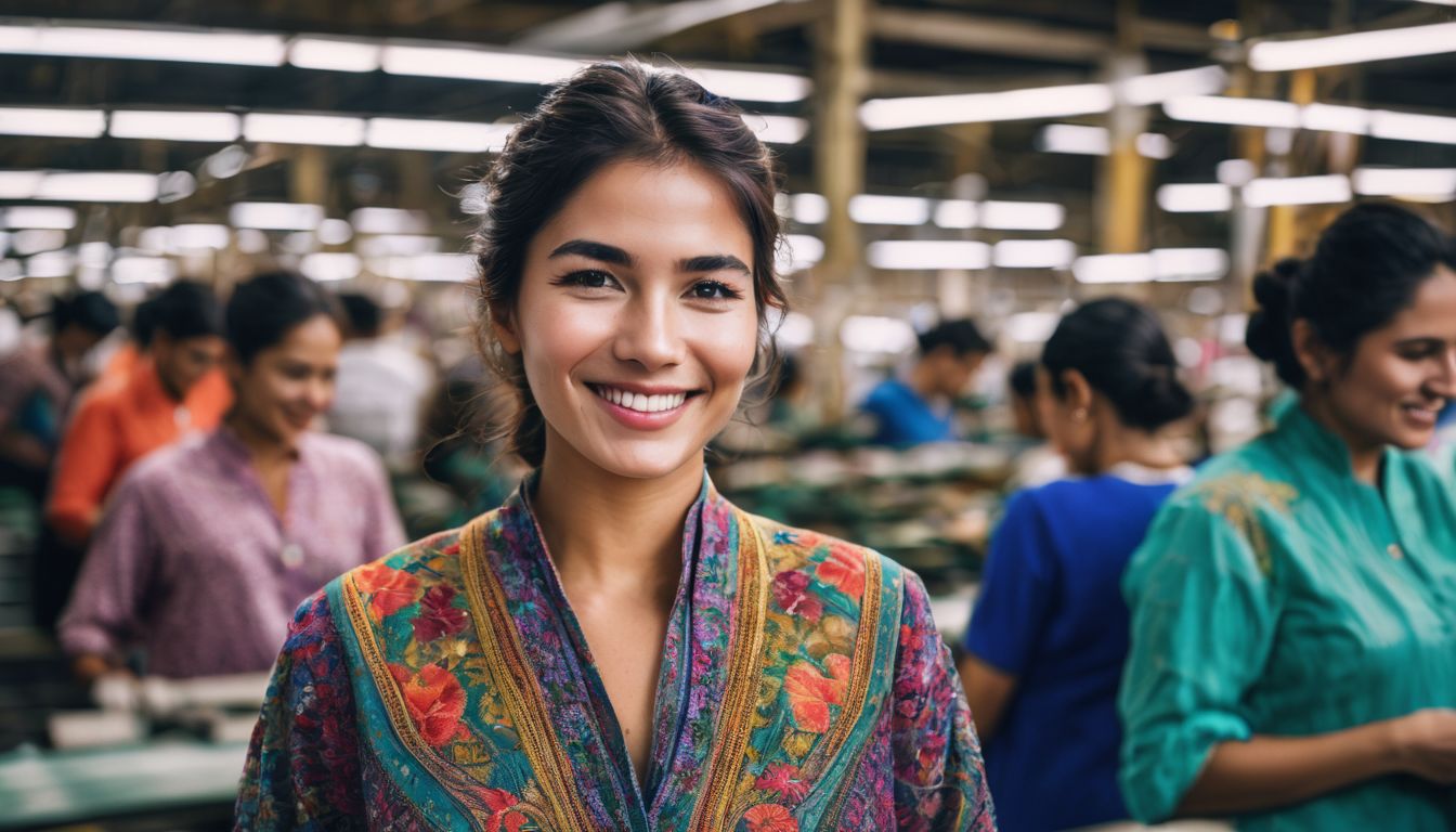 A textile worker smiles amidst colorful garments in a bustling factory.