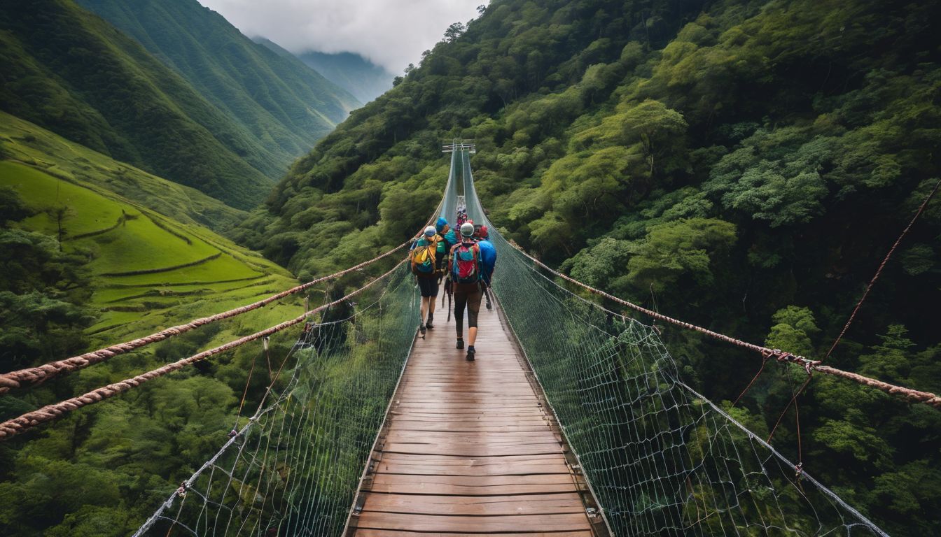A diverse group of hikers are crossing a suspension bridge in Sajek Valley.