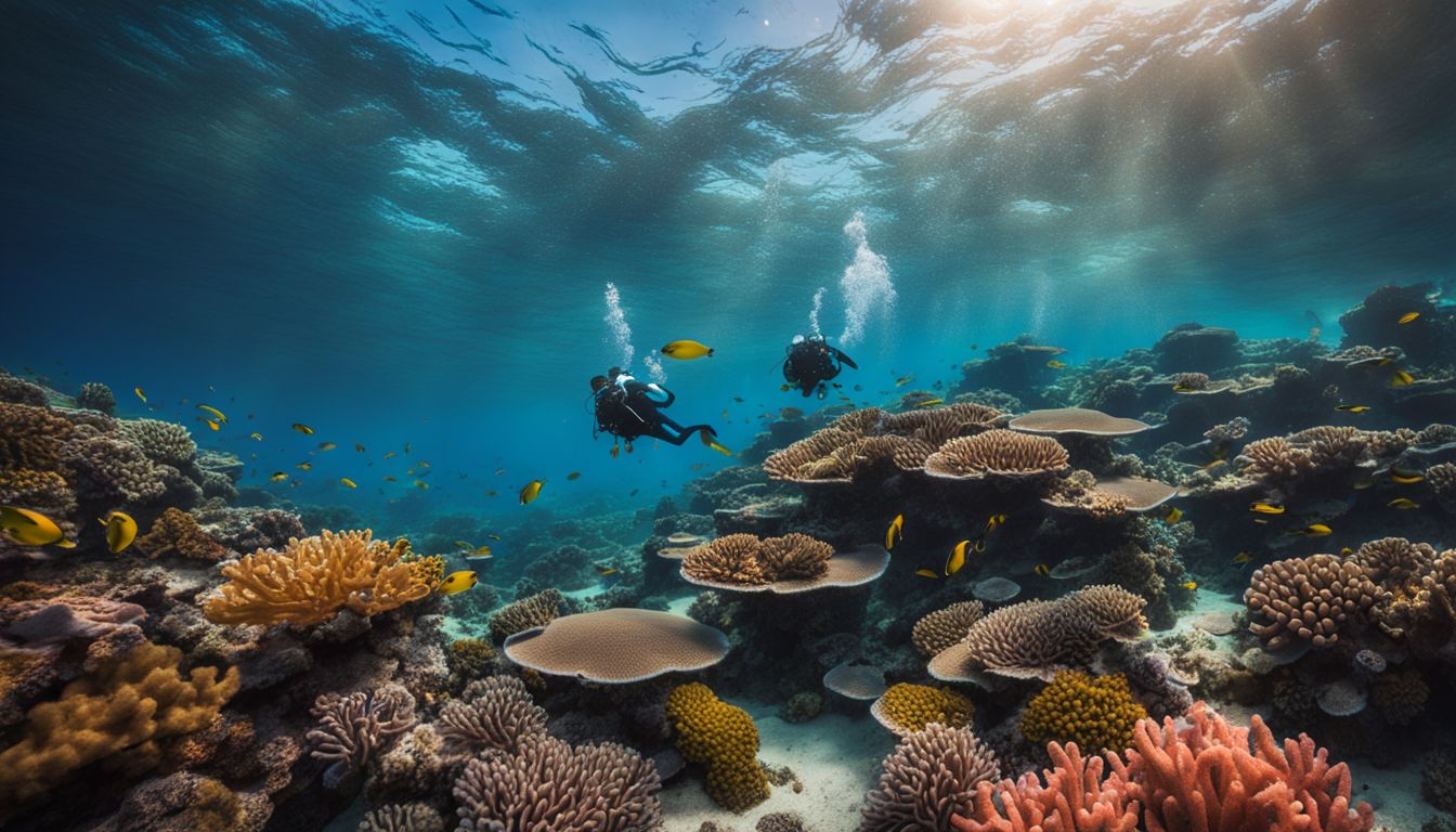 Divers explore vibrant coral reefs surrounded by tropical fish in crystal clear waters.