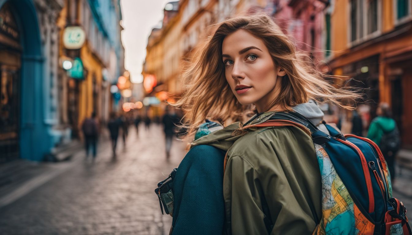 A woman explores a vibrant cityscape with a backpack, capturing its essence through her photography.