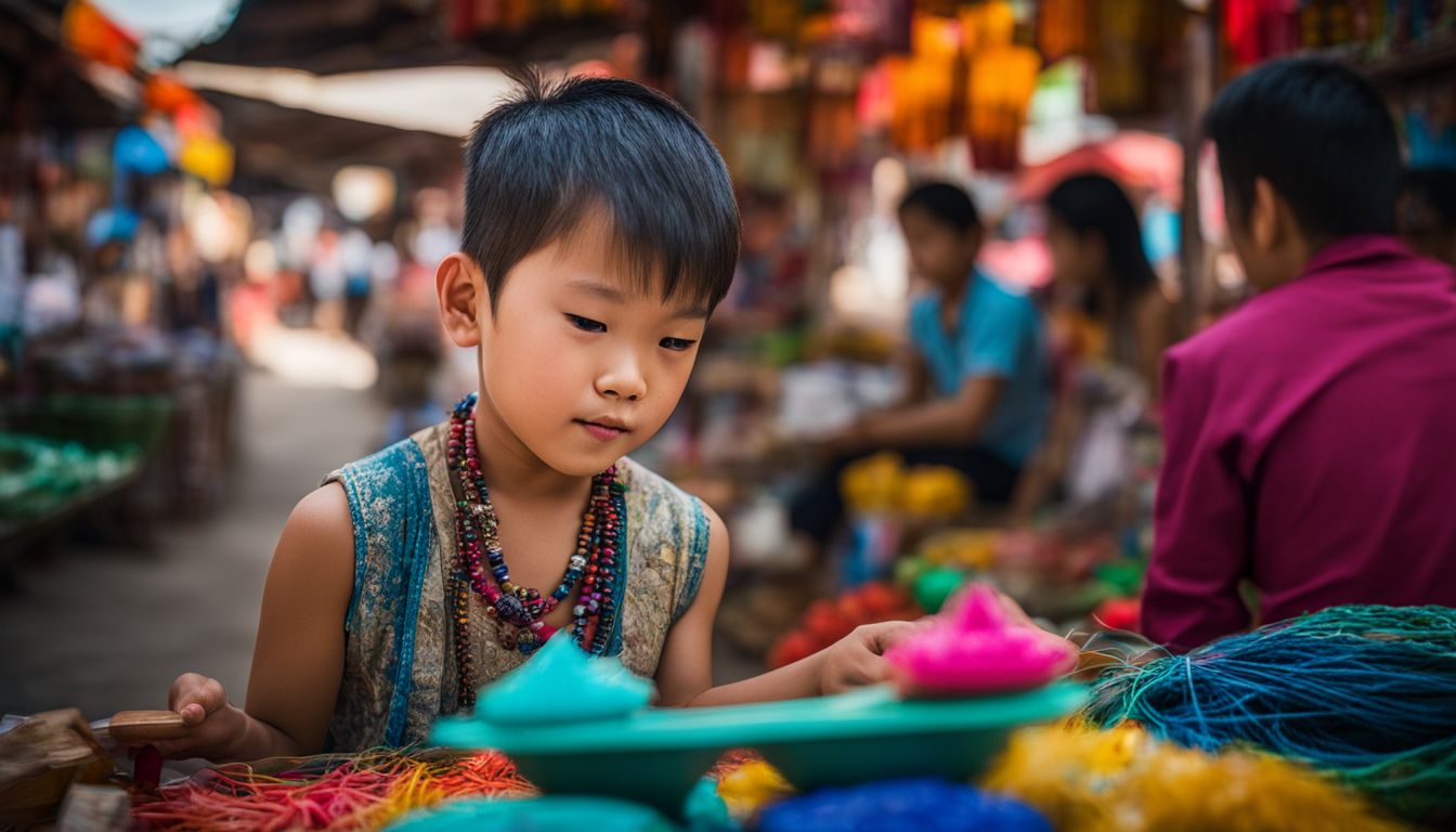 A young boy happily plays with traditional Thai toys in a lively outdoor market.