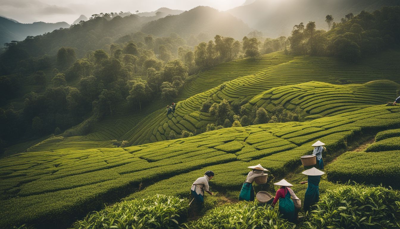 A bustling tea plantation with workers harvesting leaves in a picturesque landscape.