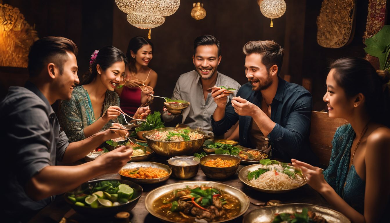 A diverse group of people are enjoying a vibrant Thai feast, capturing the essence of edible uses in Thai cuisine.