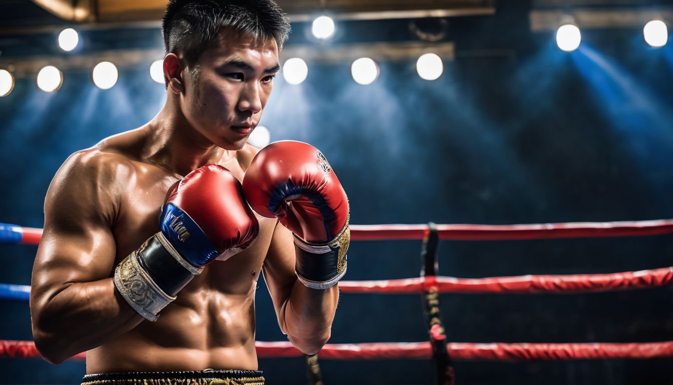 A Muay Thai fighter wearing a Mongkhon stands in a traditional training gym.