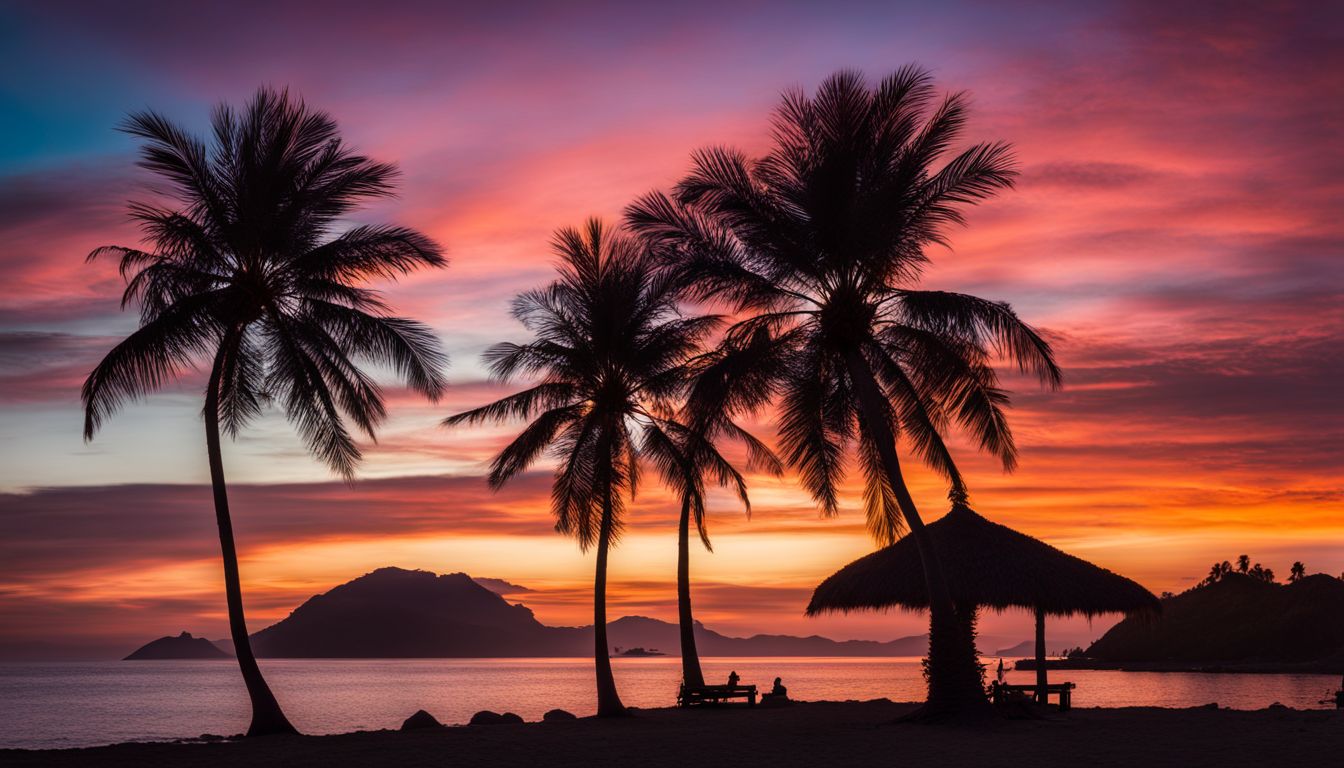 A captivating photograph of palm trees silhouetted against a vibrant sunset sky.