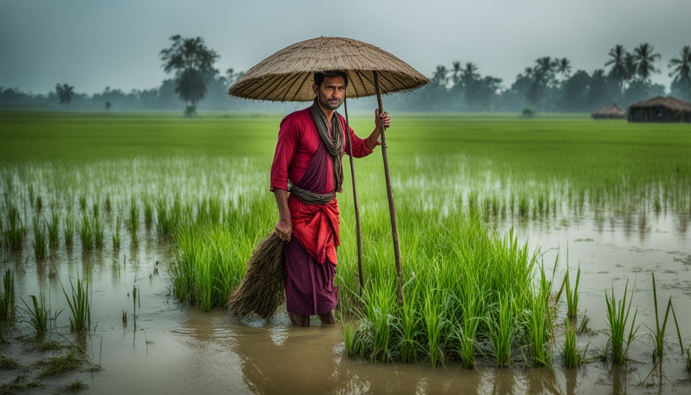 A farmer in Bangladesh stands in a flooded rice paddy field, amidst a vibrant and bustling atmosphere.