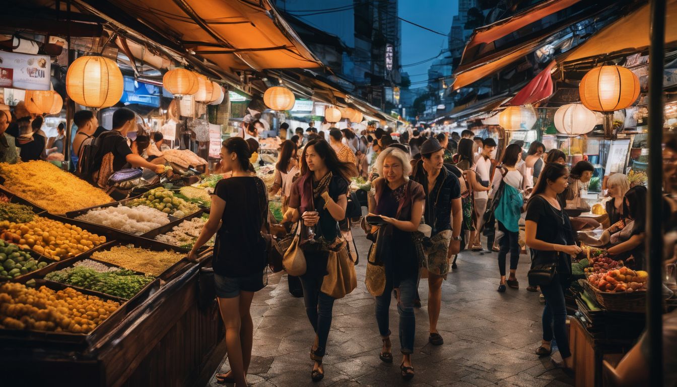 A diverse group of tourists exploring Bangkok's bustling streets and vibrant markets.