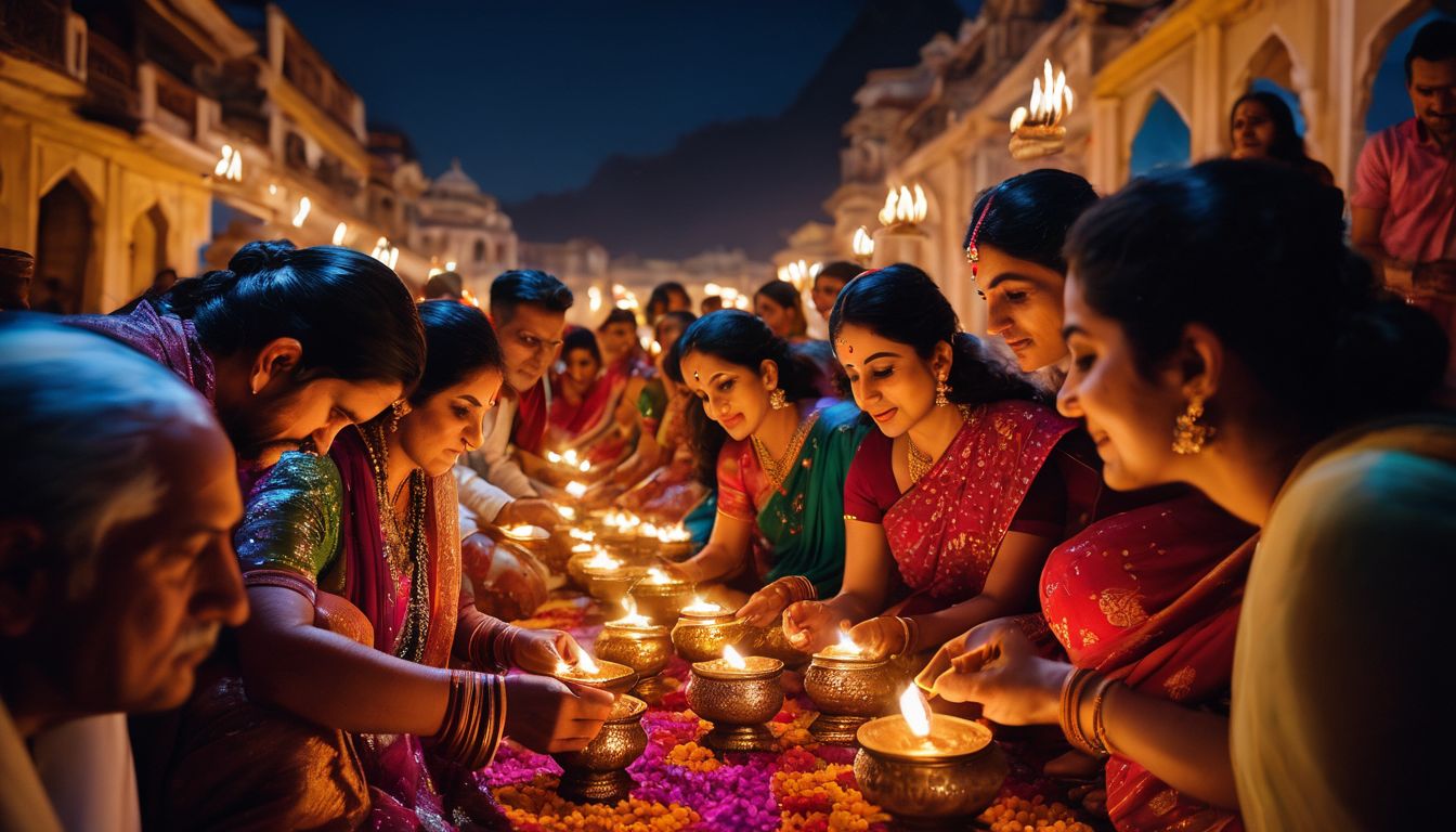 A diverse group of people celebrate Diwali by lighting oil lamps in a bustling cityscape.