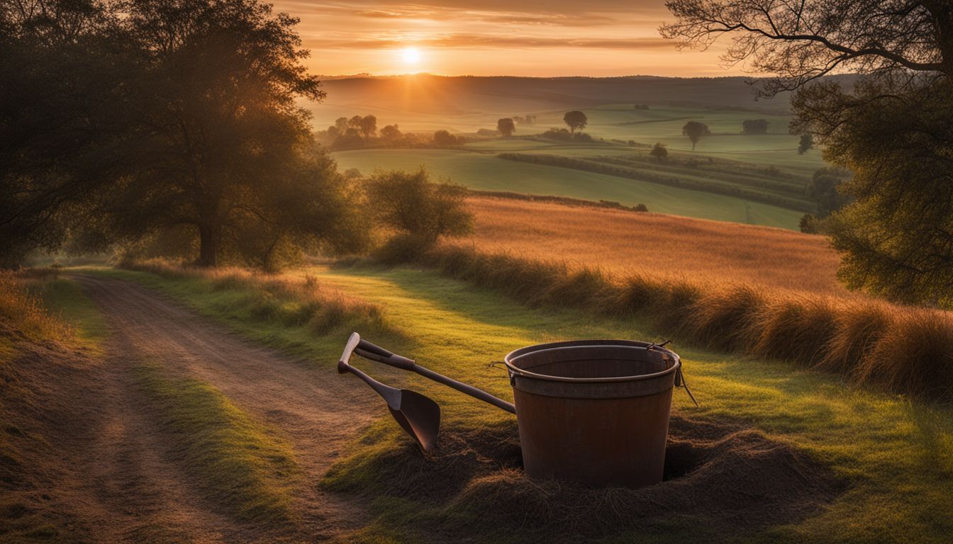 A photograph of a well and shovel in a rural landscape at sunset, showcasing diverse individuals and capturing a bustling atmosphere.