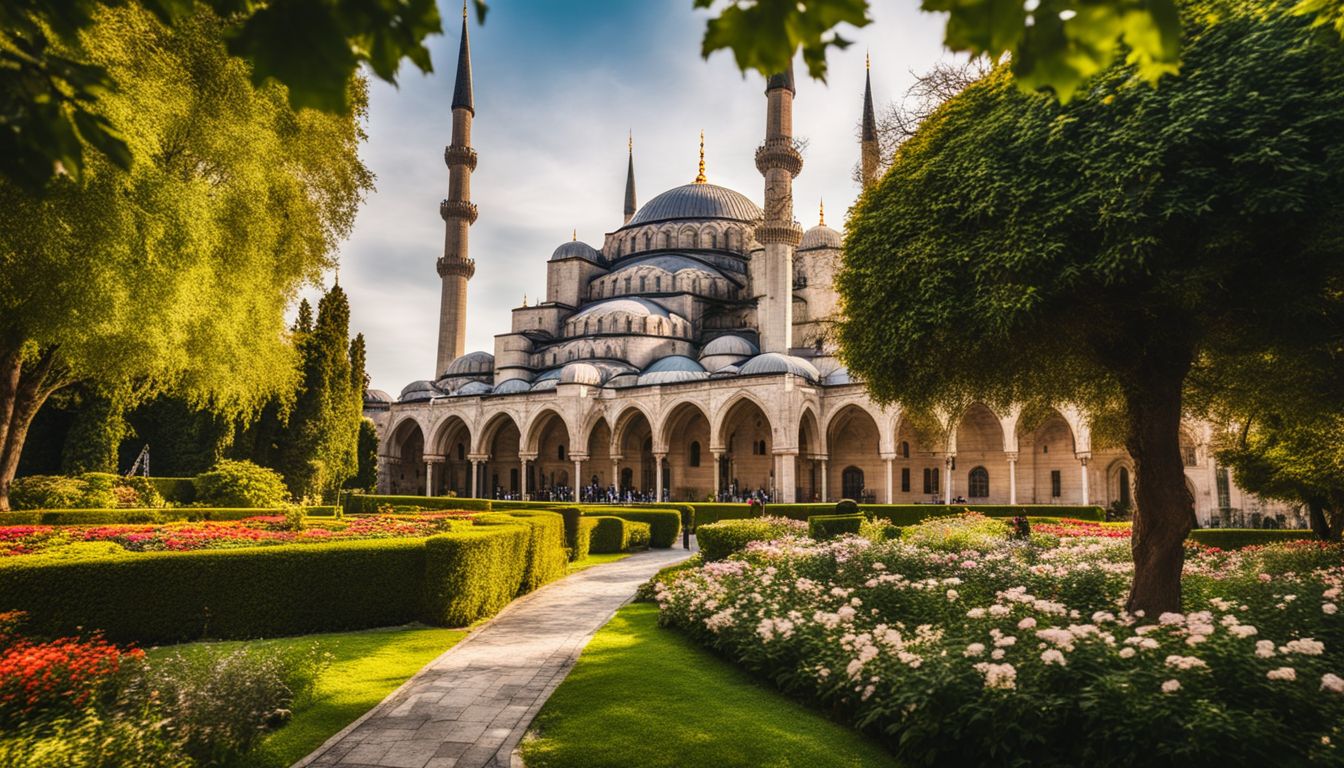 The photo captures the Sultan Ahmed Mosque in Istanbul surrounded by vibrant gardens and a bustling atmosphere.