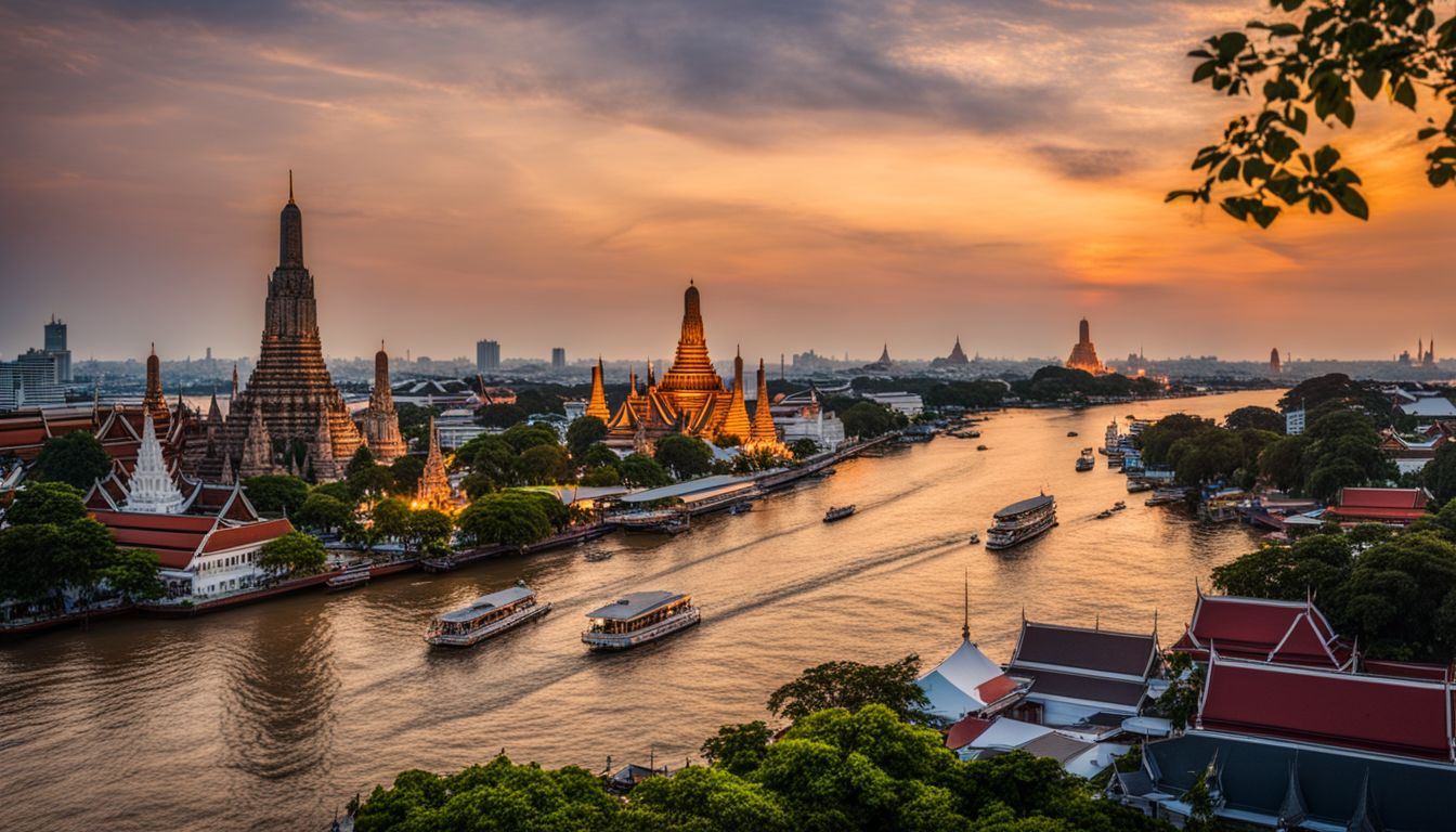 The photo depicts the Wat Arun temple and Chao Phraya River at sunset, showcasing a bustling atmosphere and stunning natural beauty.