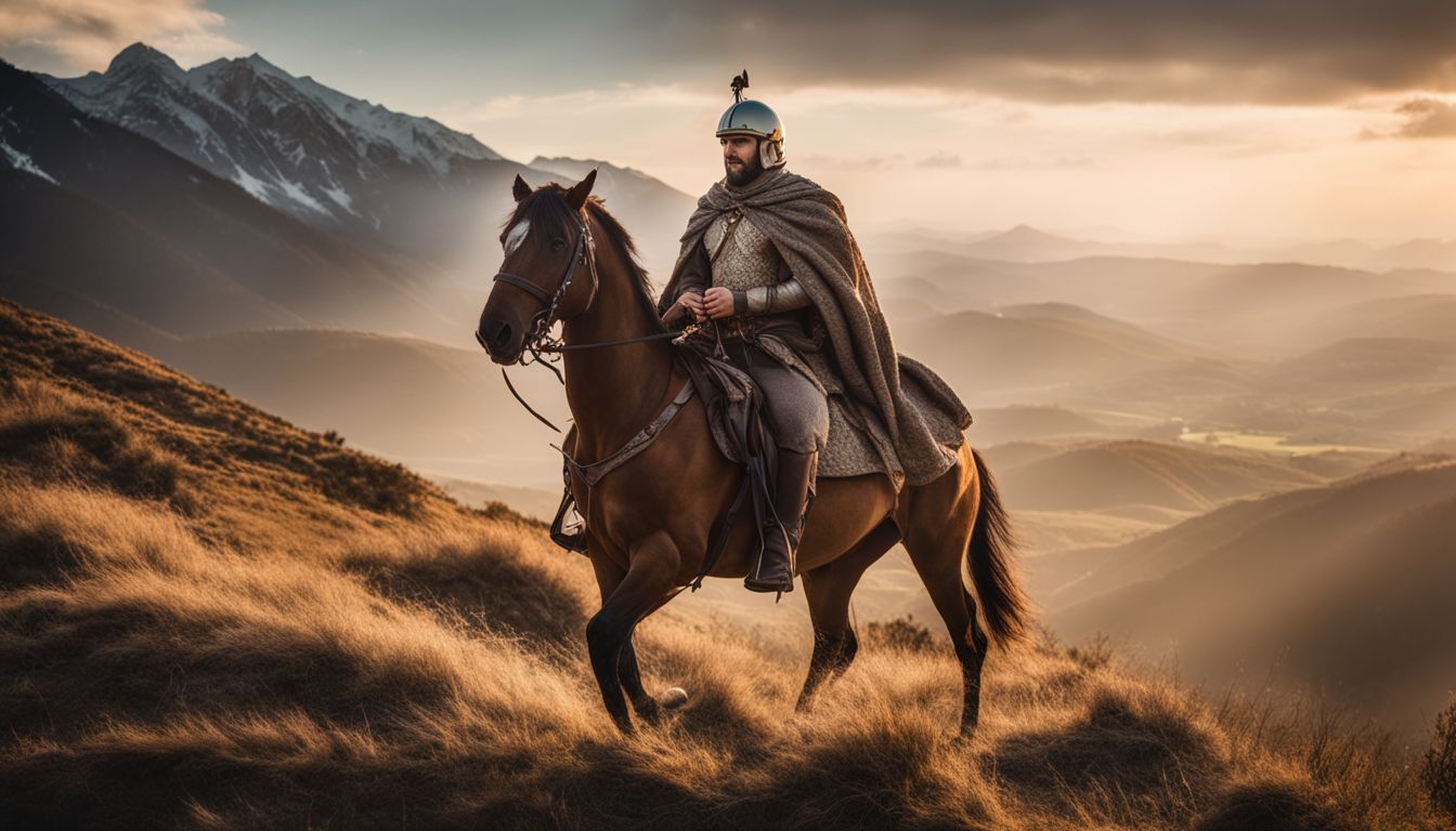 A triumphant king on horseback overlooking a vast conquered land in a bustling atmosphere.