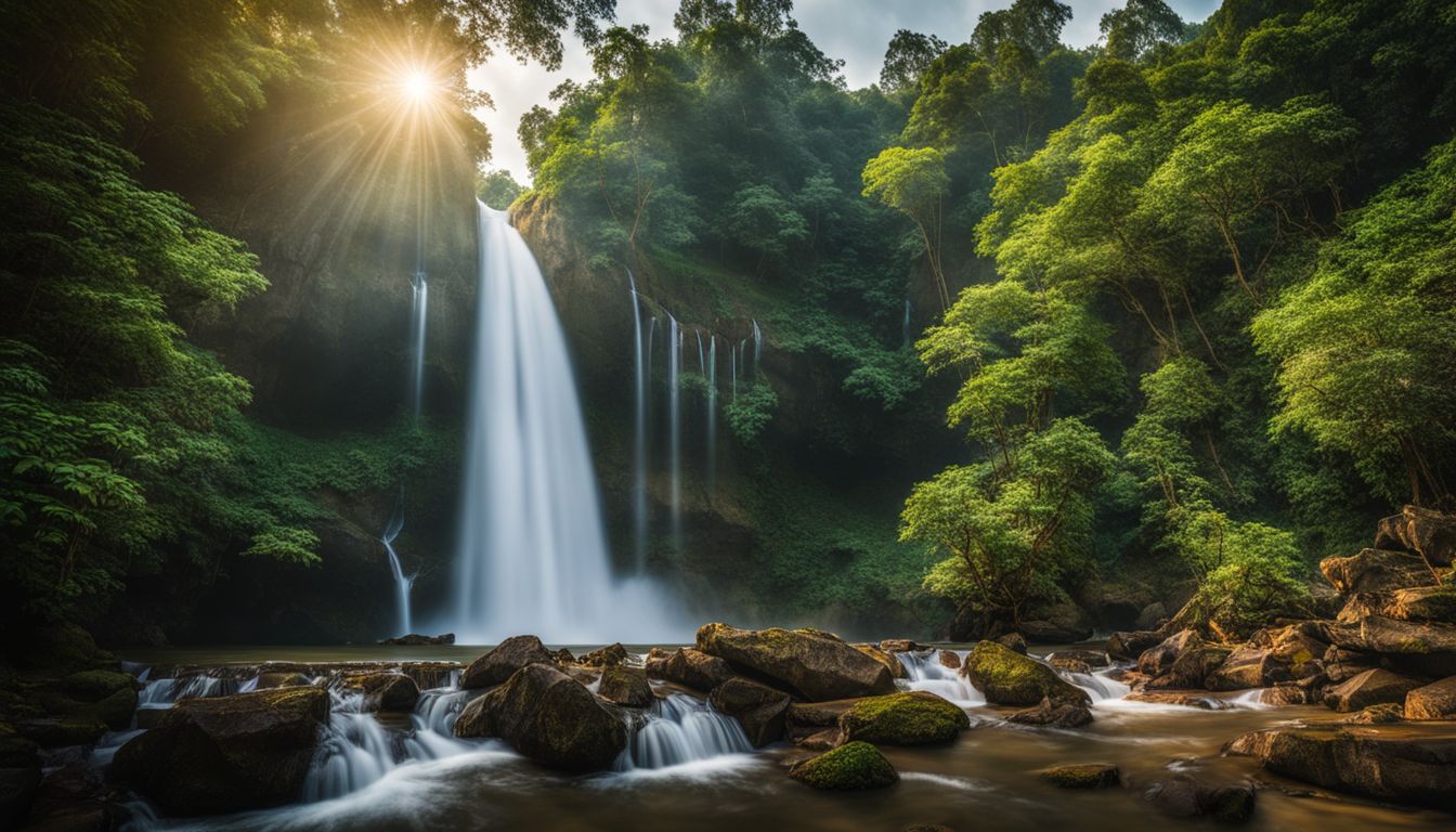 The photo captures the stunning beauty of Majestic Hin Lat Waterfall surrounded by lush greenery.