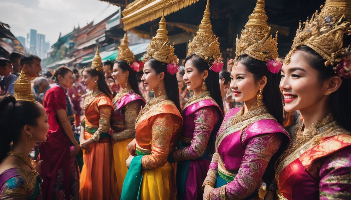 A diverse group of people in traditional Thai costumes celebrating a colorful festival in a bustling atmosphere.
