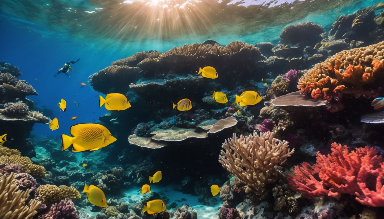 A diverse group of people snorkeling and exploring vibrant coral reefs with an array of colorful fish.