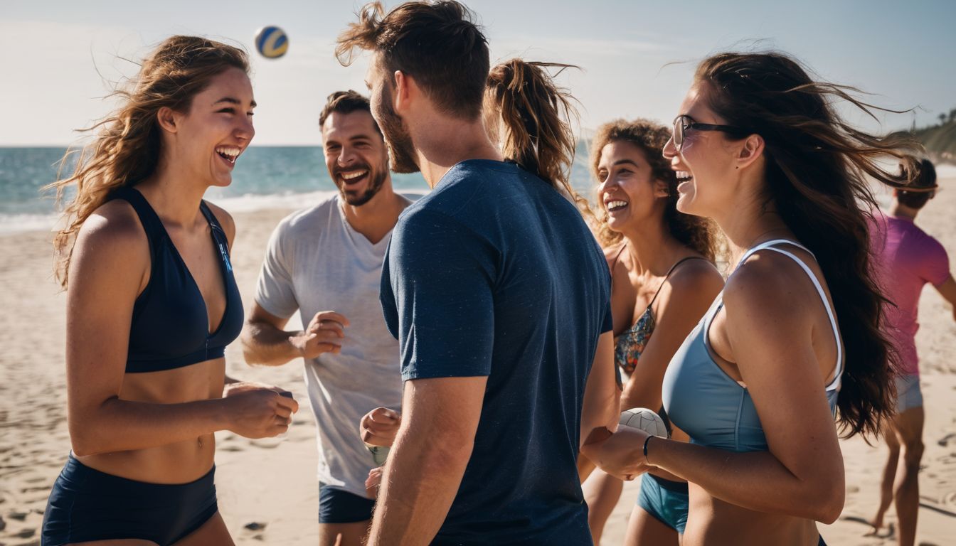 A group of friends having fun playing volleyball on a sandy beach.